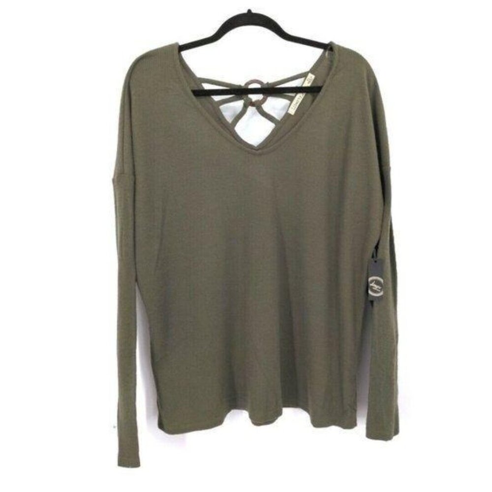 Liberty Love Ribbed Knit Shirt Womens‎ XL Green Earthy Strappy Back Stretchy